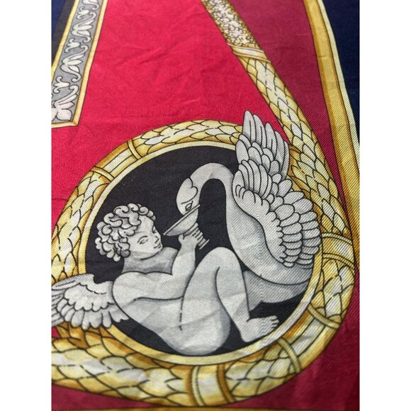 PIERRE BALMAIN Red & Blue Godess & Angels Print Silk Scarf Italy SQR 35.5’’ E.C - Picture 6 of 9